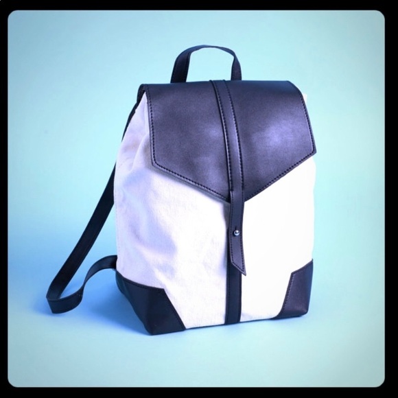 DEUX LUX |Cream Canvas Black Faux Leather Backpack Eco-Friendly Vegan Bag Unisex - Picture 1 of 10
